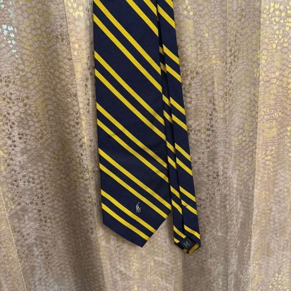 Polo Ralph Lauren Navy Blue Yellow Made in USA Silk Vintage Men's Tie